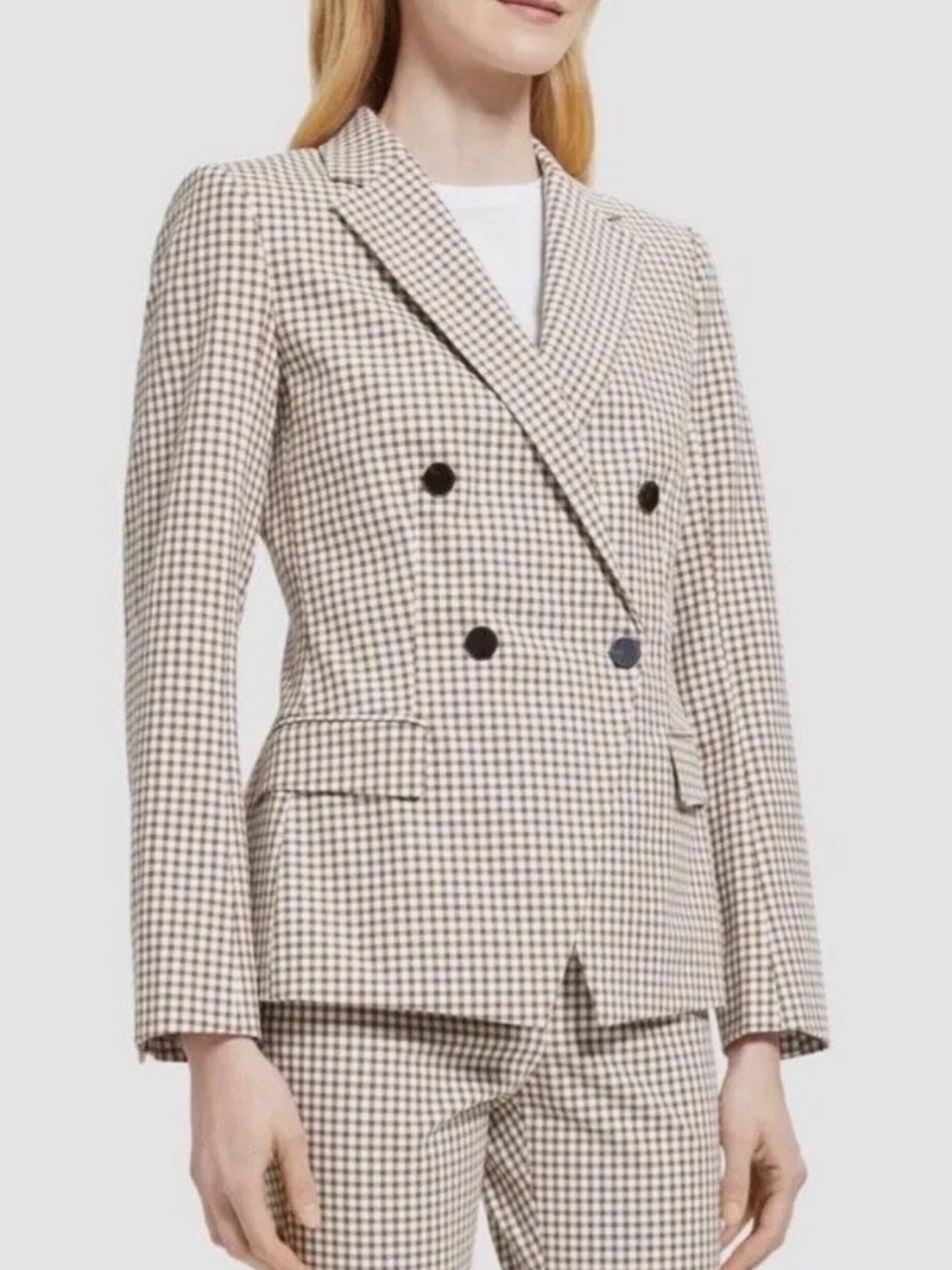 Theory Double Breasted Blazer Size 6 Ivory Grid Check Stretch - Picture 9 of 11